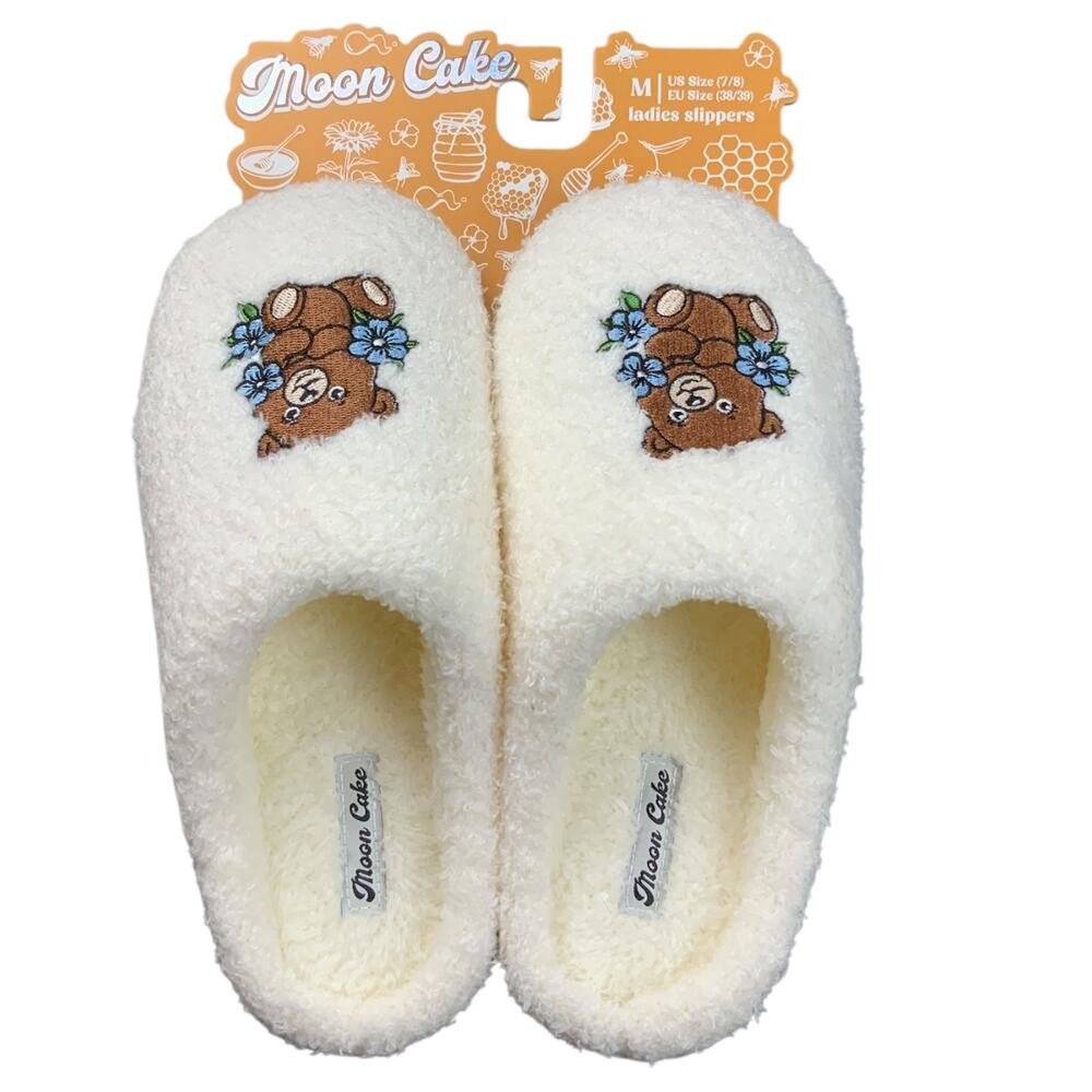 Moon Cake Womens Slippers M 7/8 Ivory Bear Floral Memory Foam Indoor Outdoor